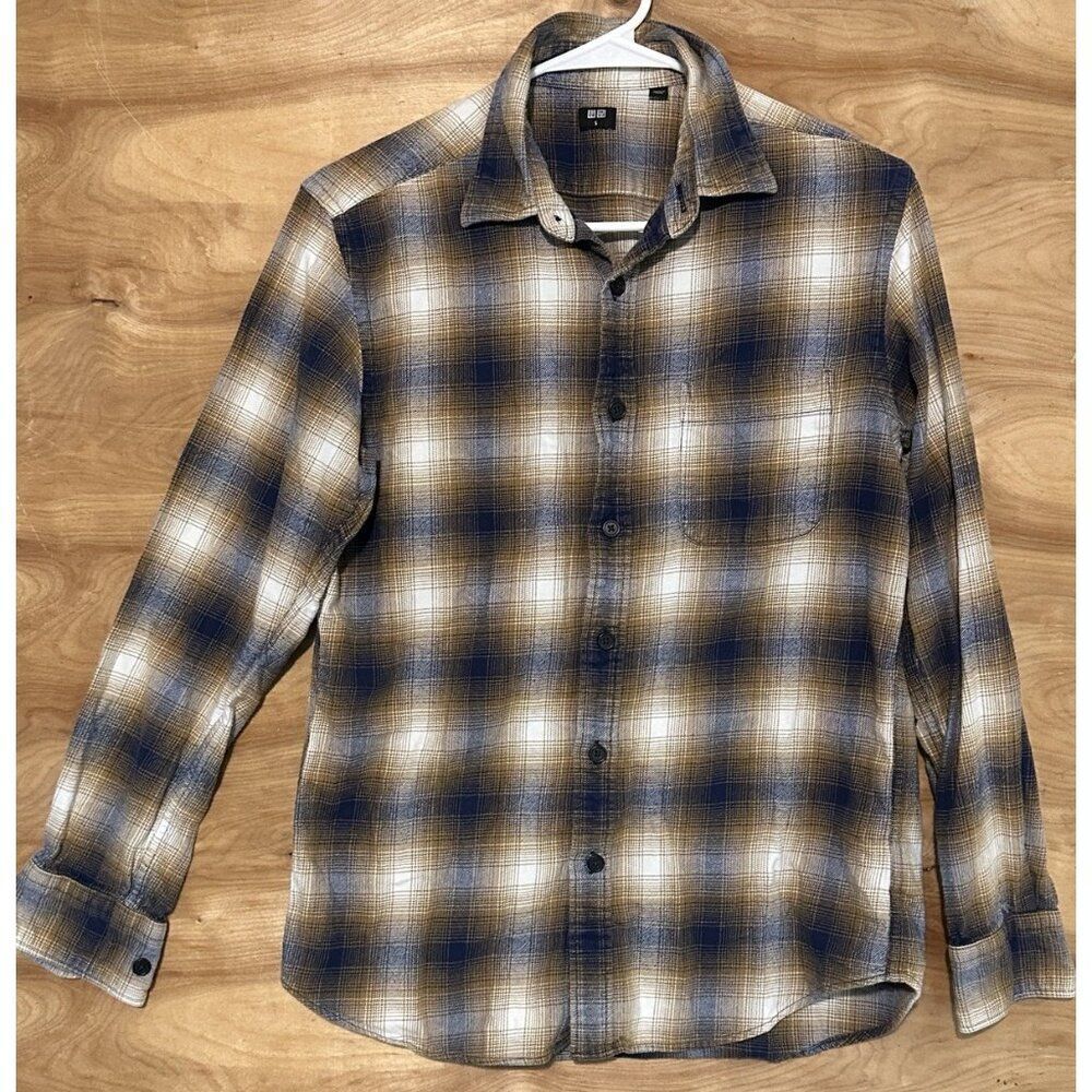 Uniqlo Shirt Mens Sm Multicolor Flannel  Check Long Sleeve Button Up Brown Blue